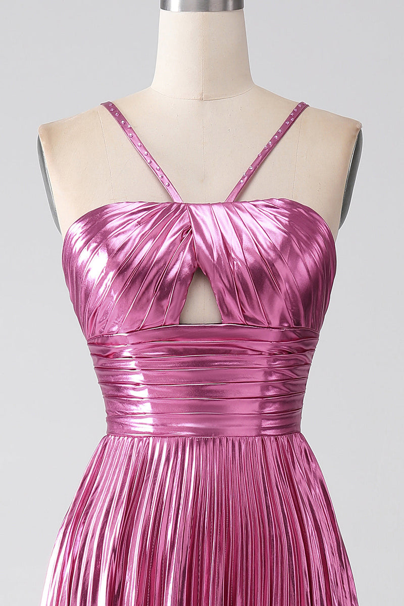 Load image into Gallery viewer, Fuchsia A-Line Spaghetti Straps Pleated Formal Dress with Slit