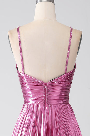 Fuchsia A-Line Spaghetti Straps Pleated Formal Dress with Slit