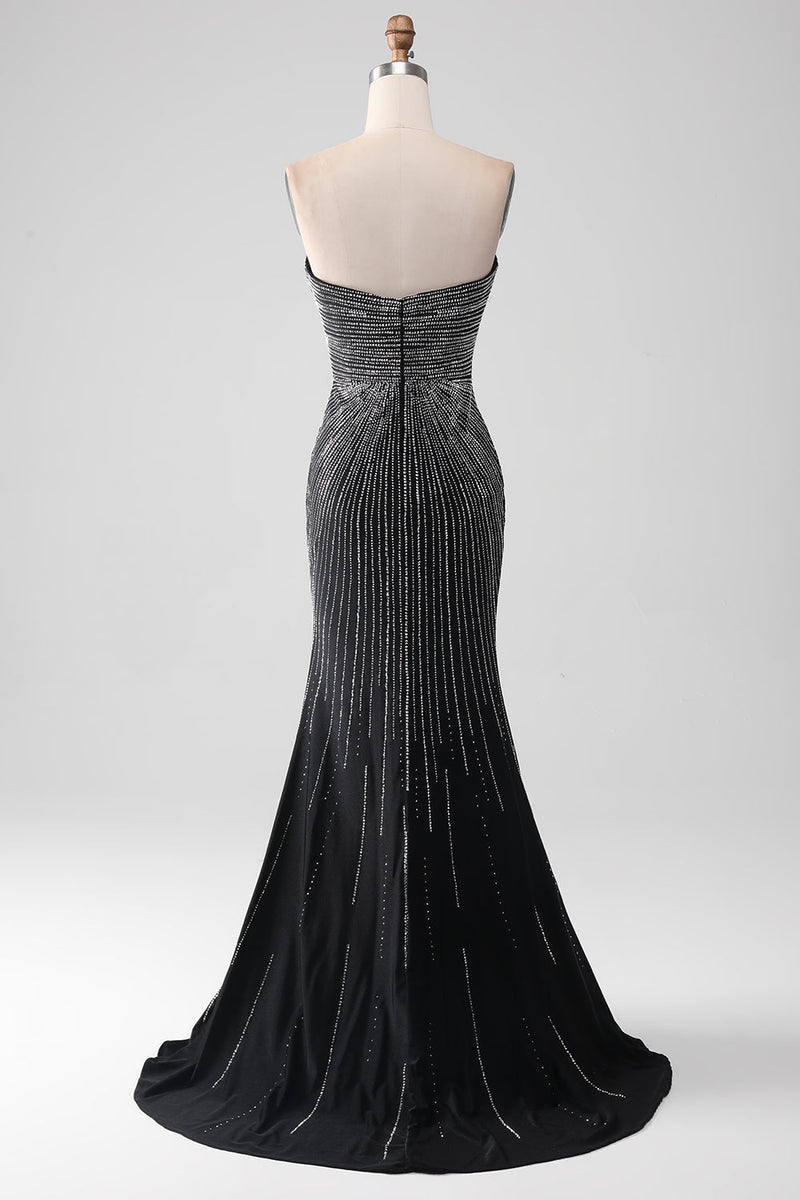 Load image into Gallery viewer, Black Glitter Strapless Mermaid Formal Dress with Slit