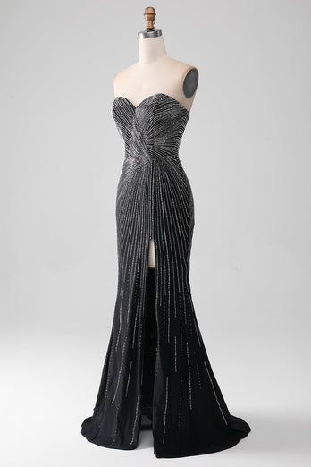 Black Glitter Strapless Mermaid Formal Dress with Slit