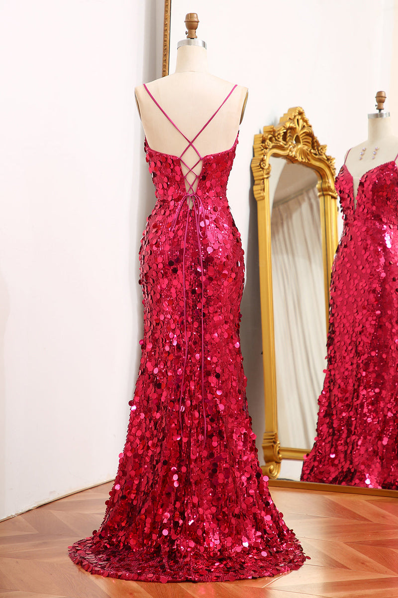 Load image into Gallery viewer, Sparkly Fuchsia Sequins Mermaid Long Formal Dress With Slit