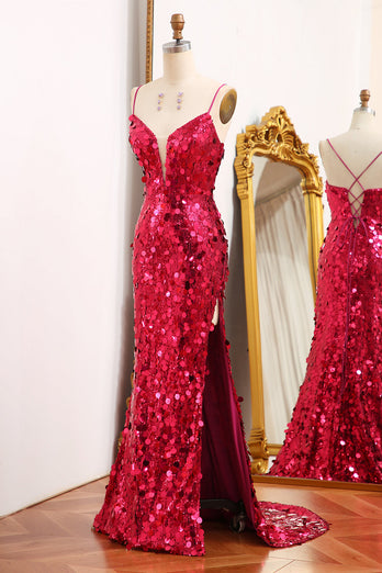 Sparkly Fuchsia Sequins Mermaid Long Formal Dress With Slit