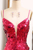 Load image into Gallery viewer, Sparkly Fuchsia Sequins Mermaid Long Formal Dress With Slit