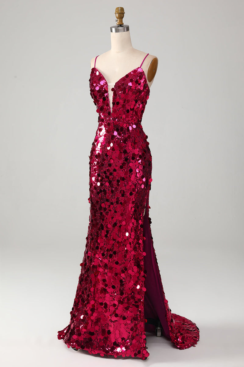 Load image into Gallery viewer, Sparkly Mermaid Spaghetti Straps Fuchsia Sequins Long Formal Dress with Slit