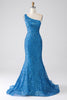 Load image into Gallery viewer, Blue Mermaid One Shoulder Sequins Long Formal Dress