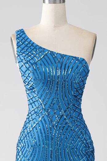 Blue Mermaid One Shoulder Sequins Long Formal Dress