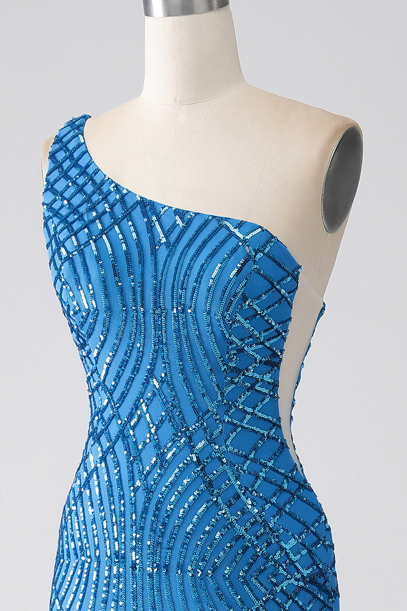 Load image into Gallery viewer, Blue Mermaid One Shoulder Sequins Long Formal Dress