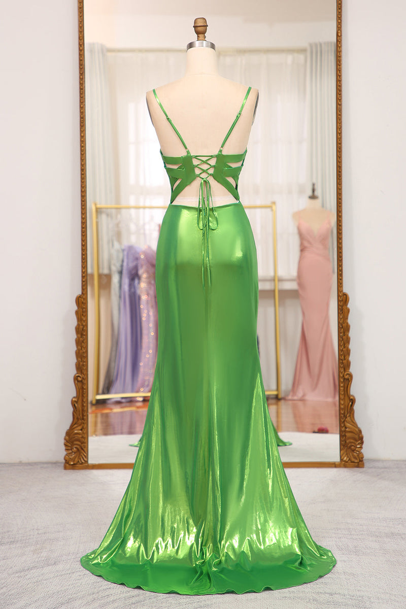 Load image into Gallery viewer, Bright Green Mermaid Spaghetti Straps Long Formal Dress With Slit