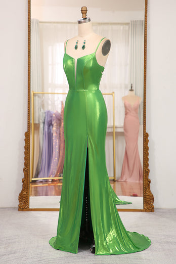 Bright Green Mermaid Spaghetti Straps Long Formal Dress With Slit