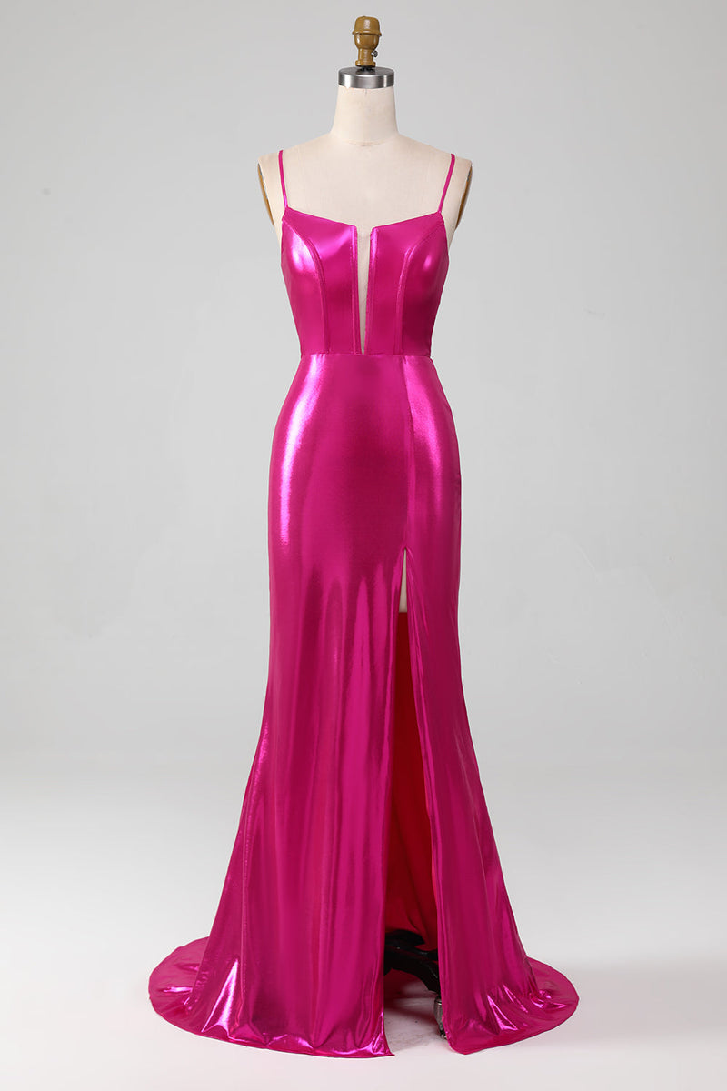 Load image into Gallery viewer, Sparkly Hot Pink Mermaid Simple Formal Dress With Slit