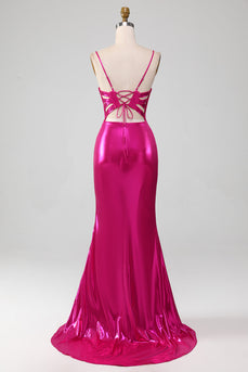 Sparkly Hot Pink Mermaid Simple Formal Dress With Slit