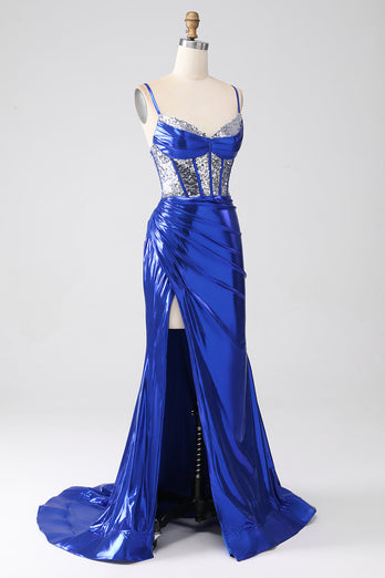 Royal Blue Mermaid Sparkly Sequin Pleated Corset Formal Dress With Slit