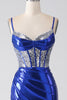 Load image into Gallery viewer, Royal Blue Mermaid Sparkly Sequin Pleated Corset Formal Dress With Slit