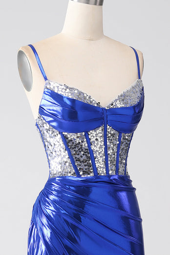 Royal Blue Mermaid Sparkly Sequin Pleated Corset Formal Dress With Slit