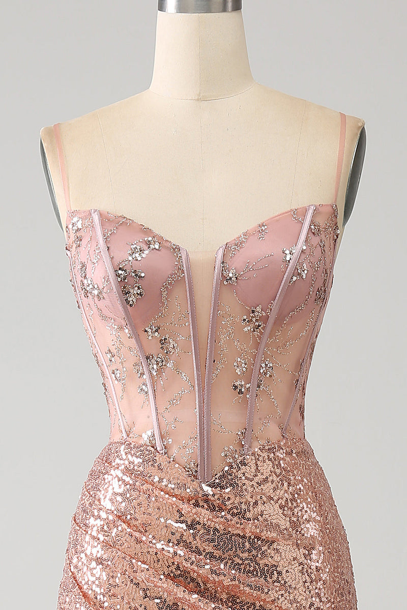 Load image into Gallery viewer, Rose Gold Mermaid Beaded Ruched Sequin Corset Formal Dress With Side Slit