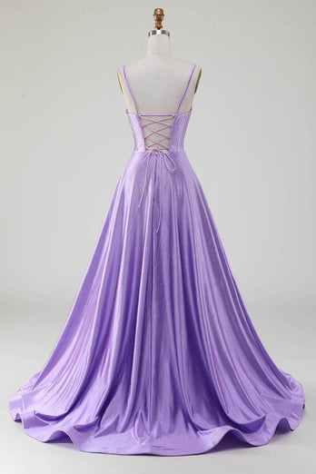 Simple Sparkly Lilac A-Line Side Slit Corset Formal Dresses with Rhinestones