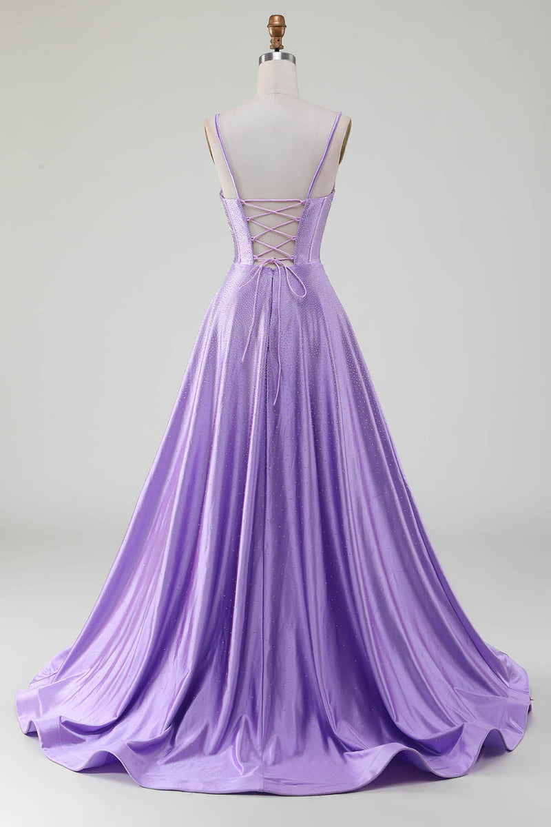 Load image into Gallery viewer, Simple Sparkly Lilac A-Line Side Slit Corset Formal Dresses with Rhinestones