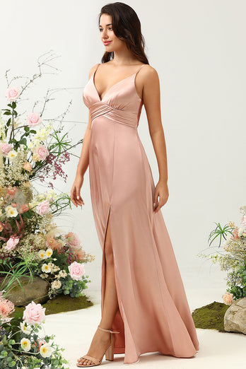 Blush Spaghetti Straps A Line Bridesmaid Dress With Slit