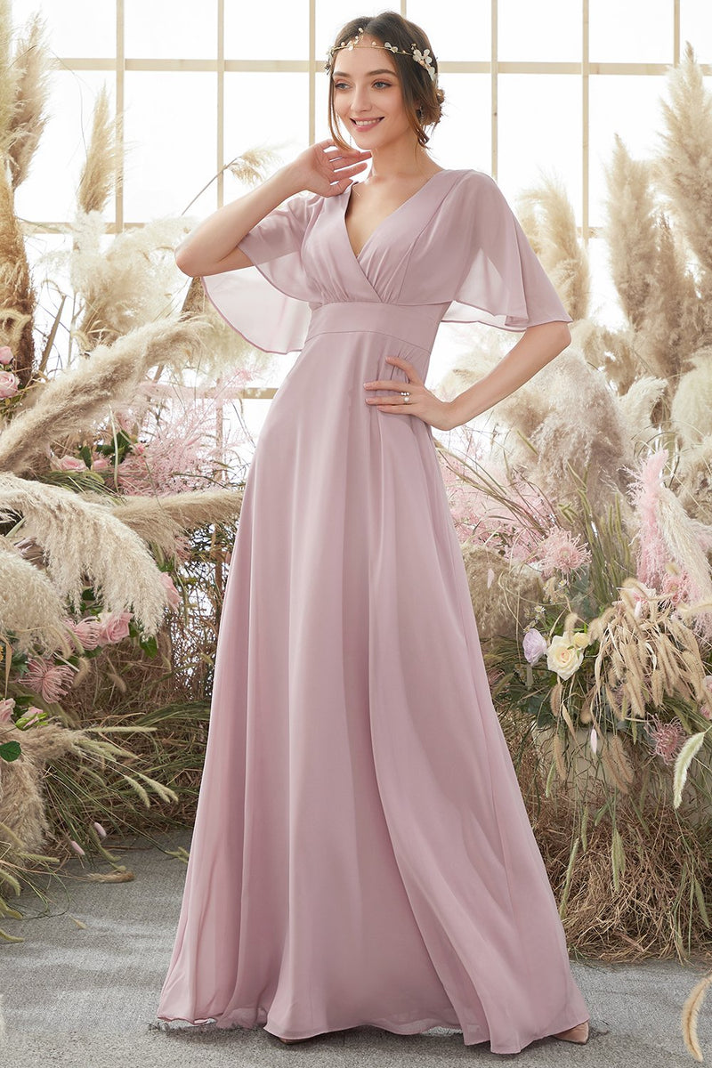 Load image into Gallery viewer, Blush Batwing Sleeves Chiffon Bridesmaid Dress