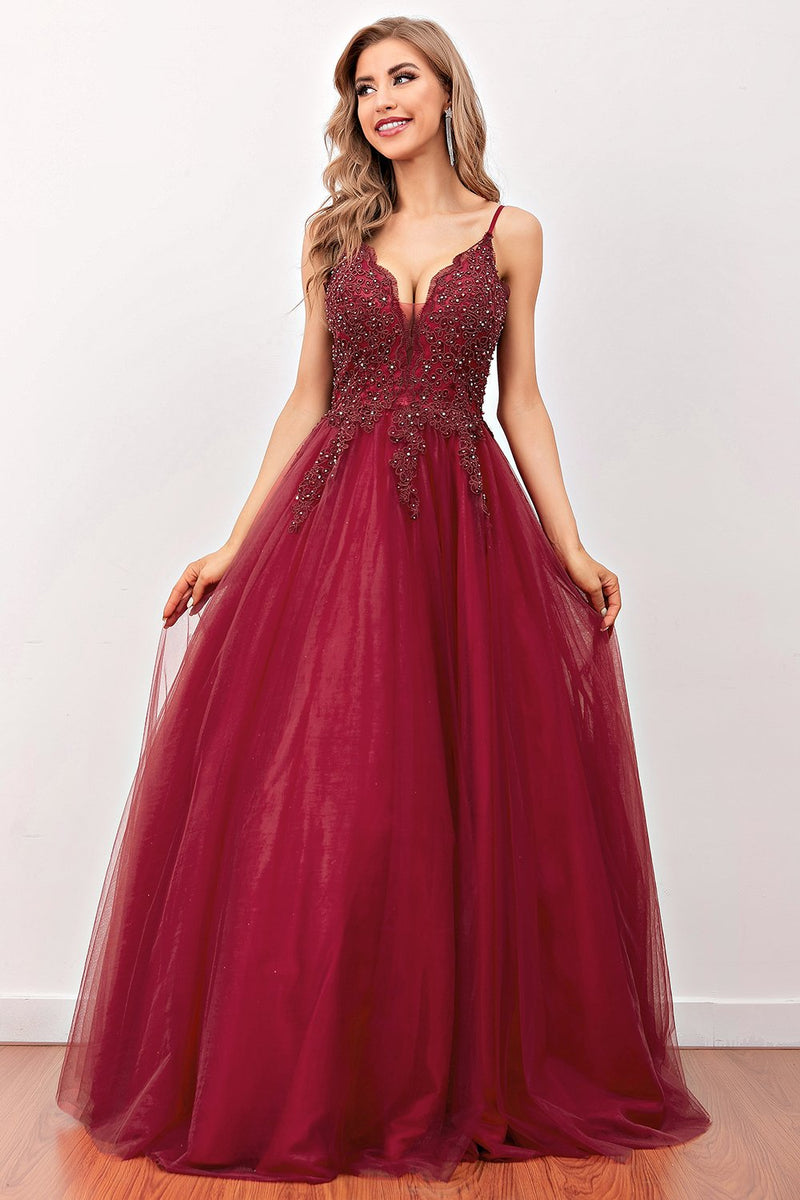 Load image into Gallery viewer, Burgundy Beaded Long Formal Dress