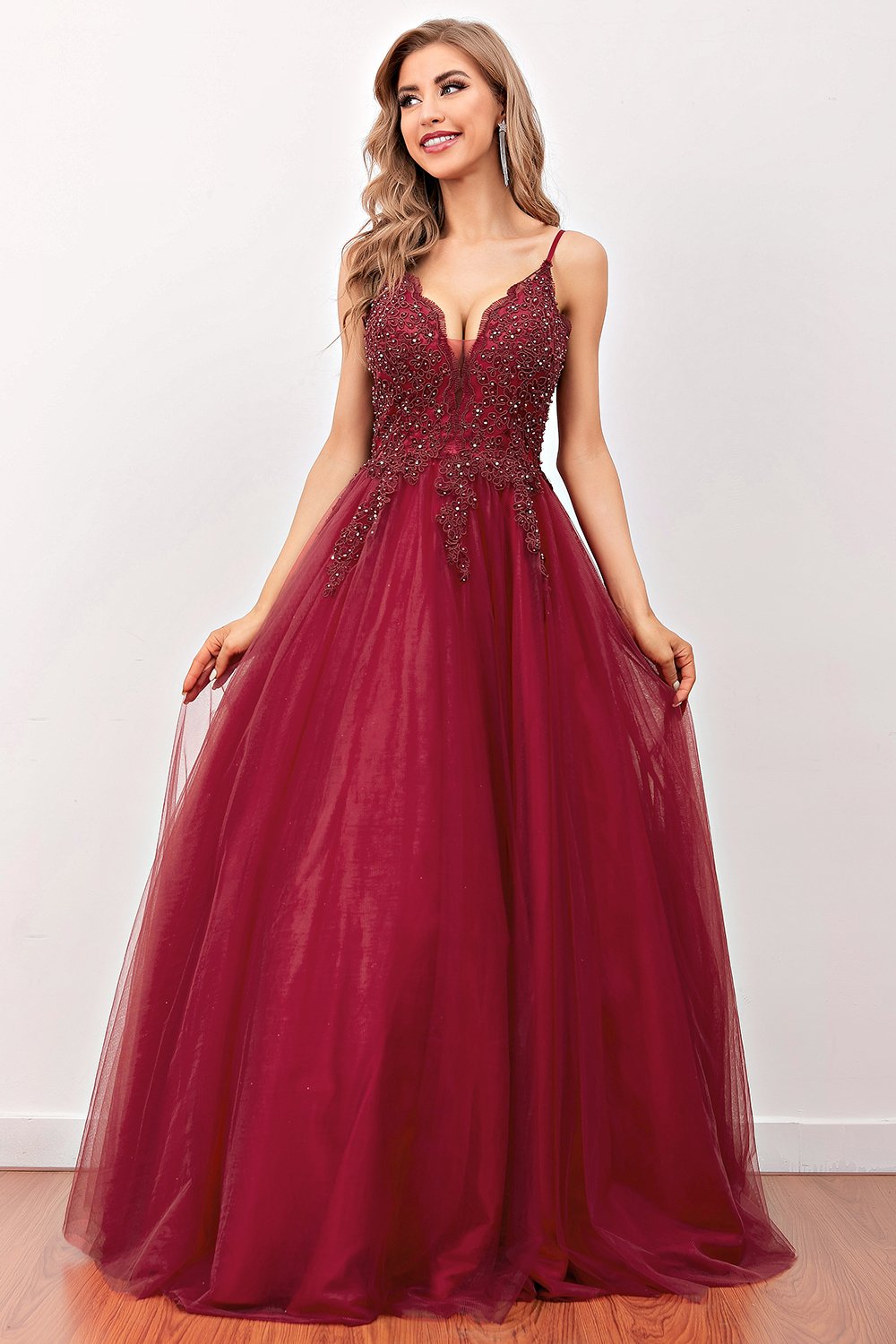 Burgundy Beaded Long Formal Dress