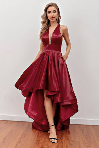 Burgundy High Low Formal Dress with Pockets