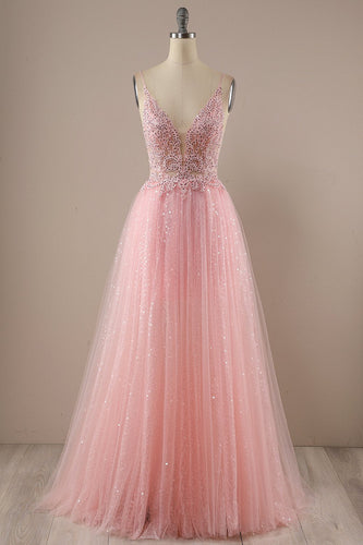 Sparkly Spaghetti Straps Pink Long Formal Dress with Beading