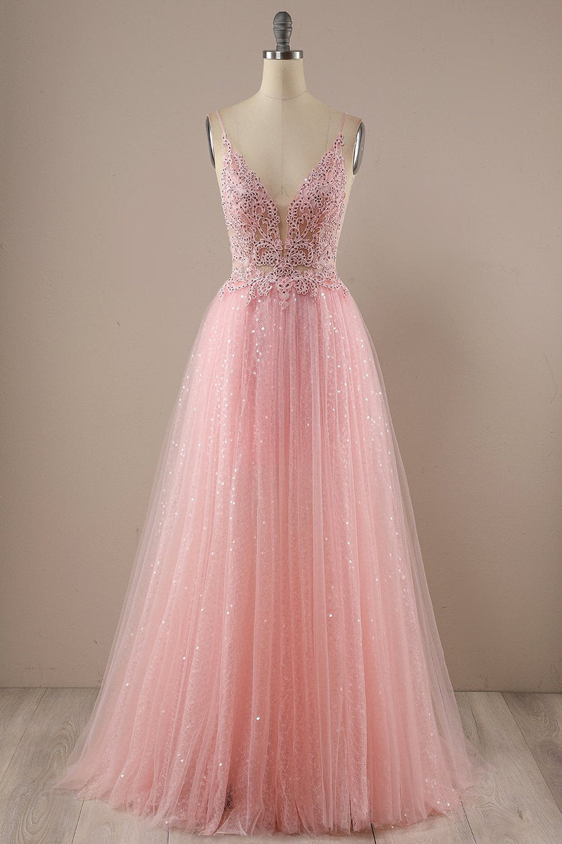 Load image into Gallery viewer, Sparkly Spaghetti Straps Pink Long Formal Dress with Beading