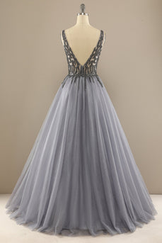 Tulle Grey Long Formal Dress with Beading