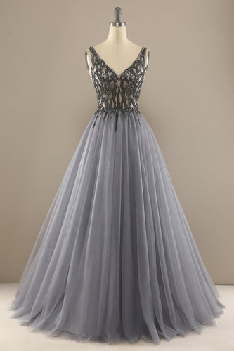 Tulle Grey Long Formal Dress with Beading