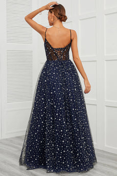 Spaghetti Straps Navy Long Formal Dress with Star