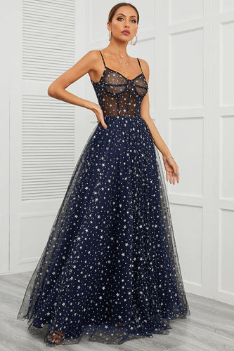 Spaghetti Straps Navy Long Formal Dress with Star