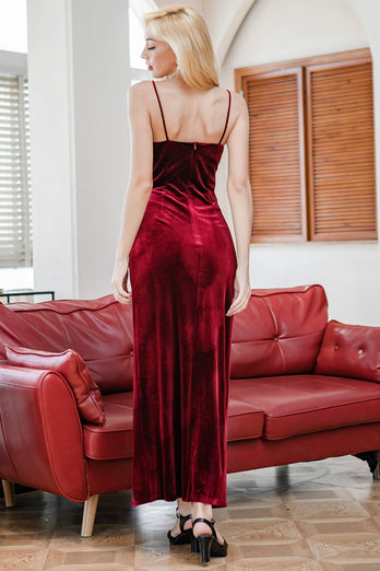 Velvet Spaghetti Straps Red Long Formal Dress with Slit