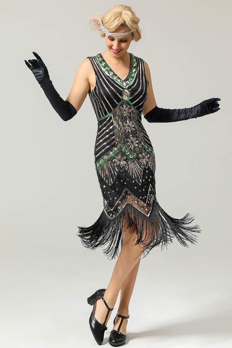 Load image into Gallery viewer, Black and Green Sequin 1920s Dress