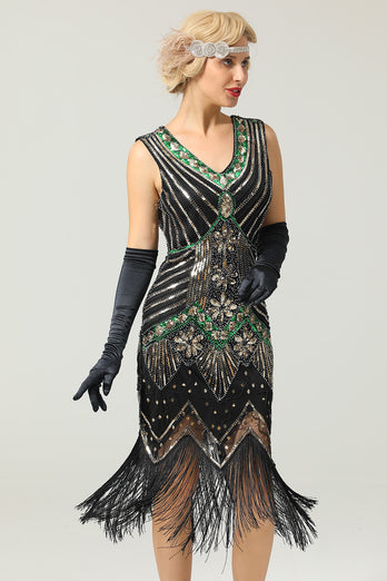 Black and Green Sequin 1920s Dress