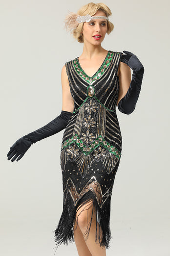 Black and Green Sequin 1920s Dress