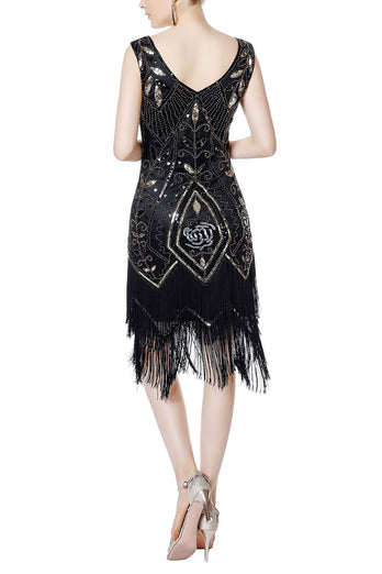 Black Sequins Glitter Fringe 1920s Dress