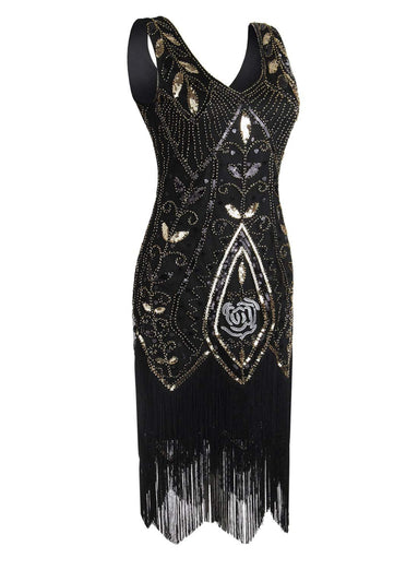 Black Sequins Glitter Fringe 1920s Dress