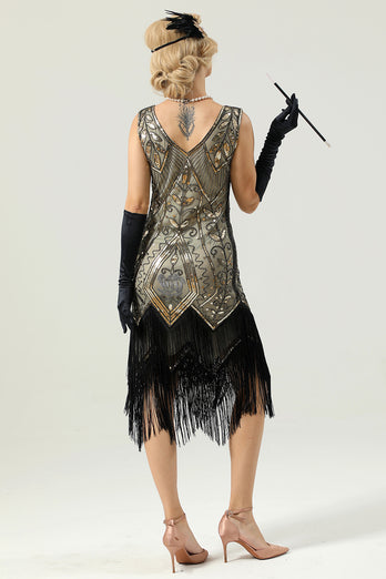 Black Sequins Glitter Fringe 1920s Dress