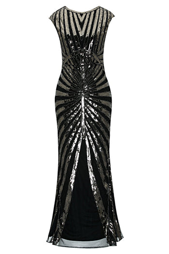 Black and Champagne 1920s Sequined Flapper Dress