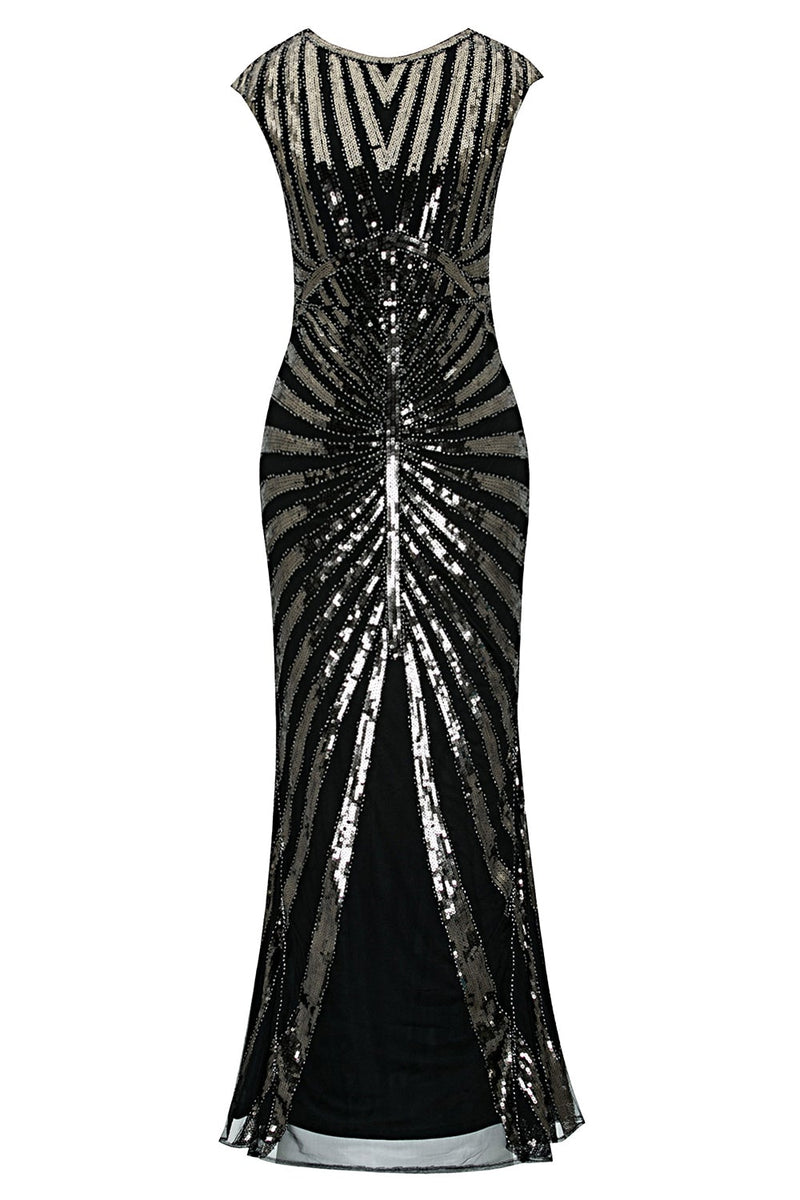 Load image into Gallery viewer, Black and Champagne 1920s Sequined Flapper Dress