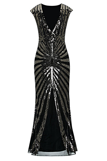 Black and Champagne 1920s Sequined Flapper Dress