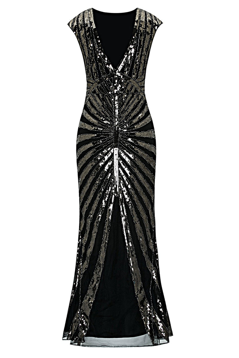 Load image into Gallery viewer, Black and Champagne 1920s Sequined Flapper Dress