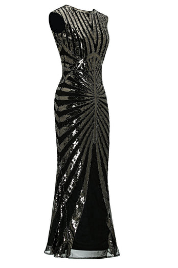 Black and Champagne 1920s Sequined Flapper Dress