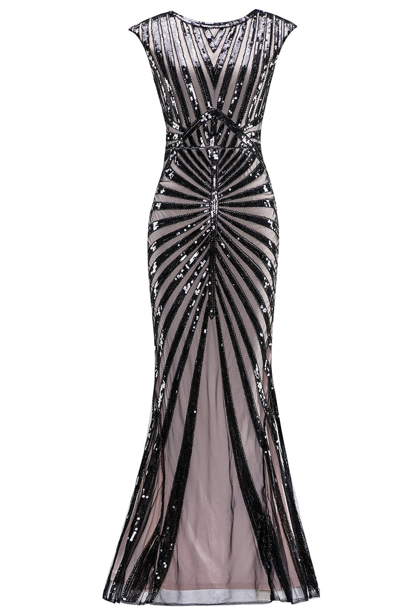 Load image into Gallery viewer, Black and Gold Mermaid 1920s Sequined Flapper Dress