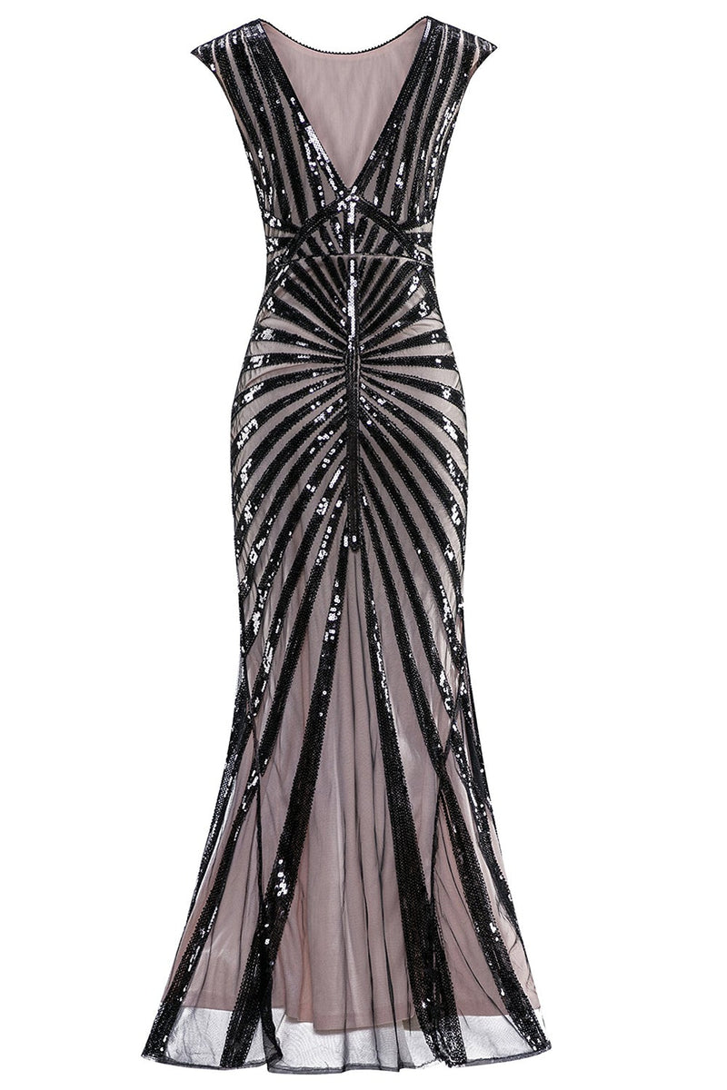 Load image into Gallery viewer, Black and Champagne 1920s Sequined Flapper Dress