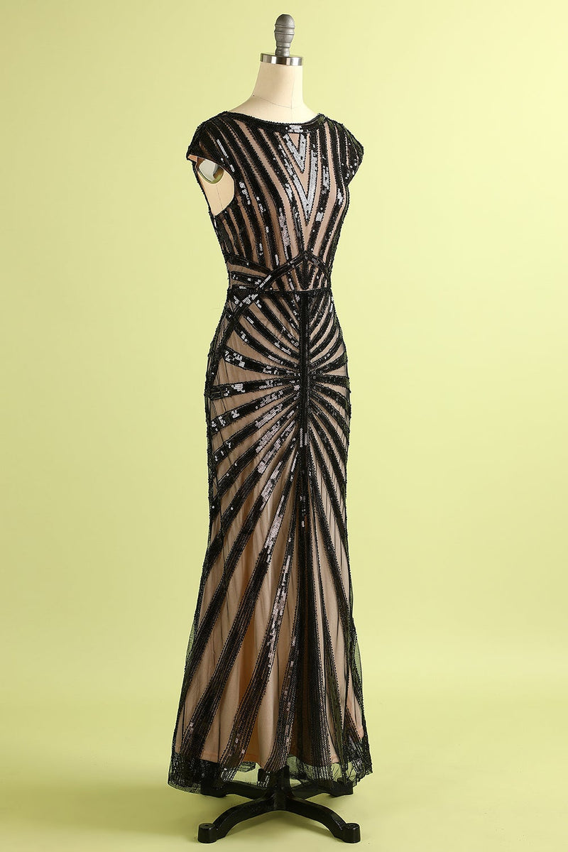 Load image into Gallery viewer, Black and Champagne 1920s Sequined Flapper Dress