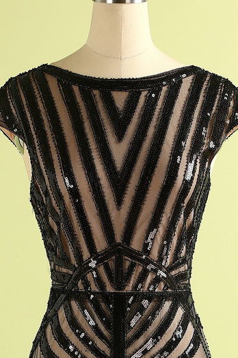 Black and Gold Mermaid 1920s Sequined Flapper Dress