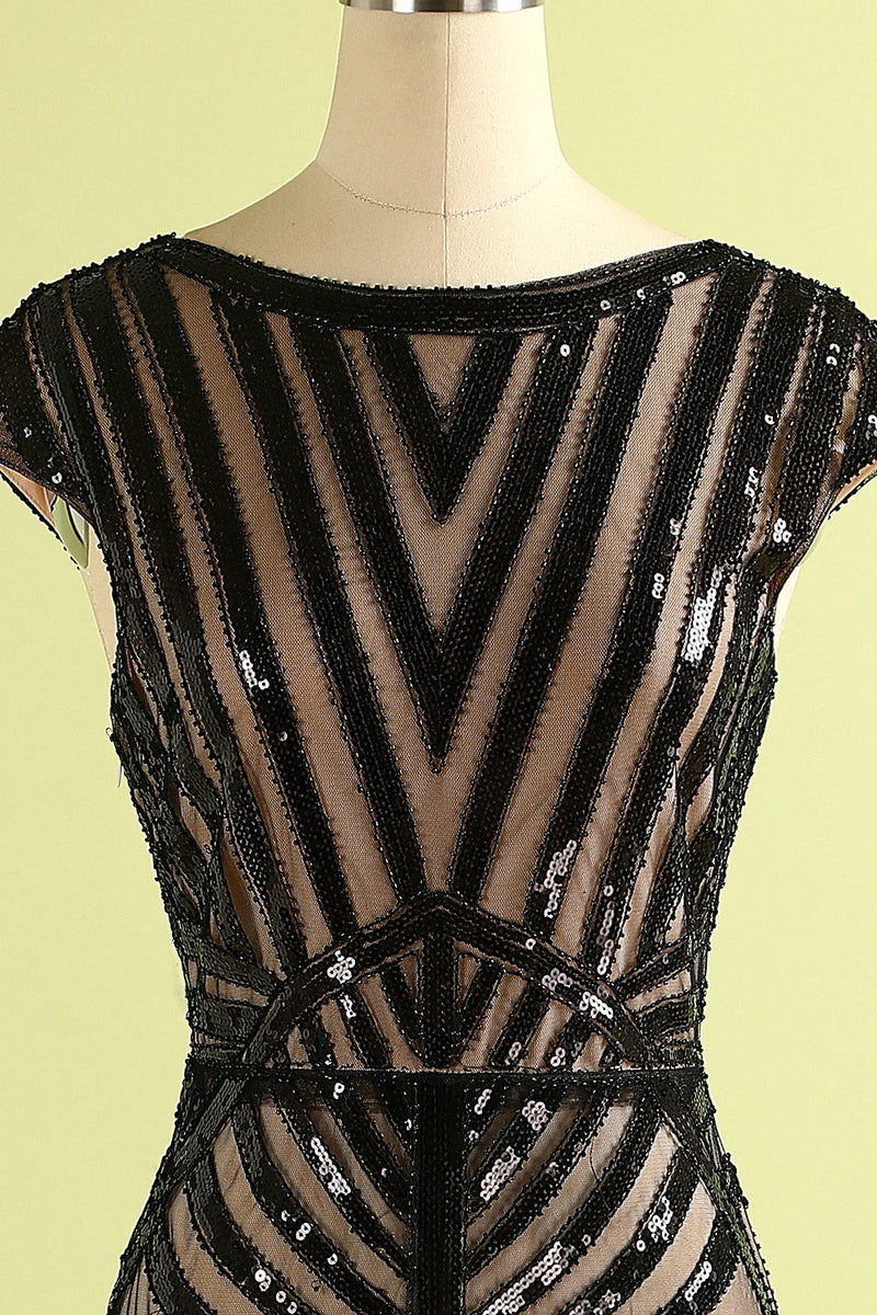 Load image into Gallery viewer, Black and Champagne 1920s Sequined Flapper Dress