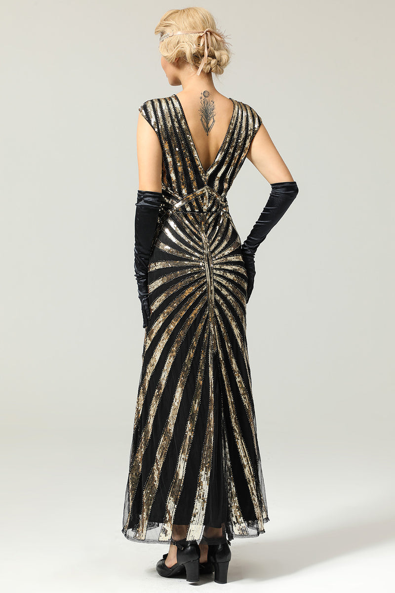 Load image into Gallery viewer, Black and Champagne 1920s Sequined Flapper Dress